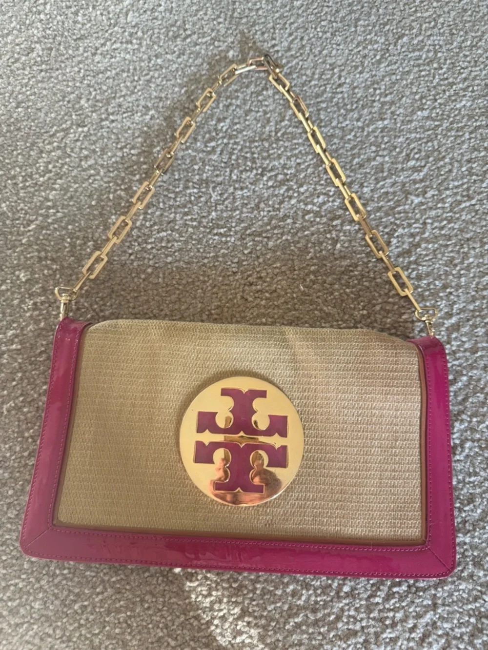 Tory Burch Raffia Shoulder Bag with Pink Trim and Gold Medallion